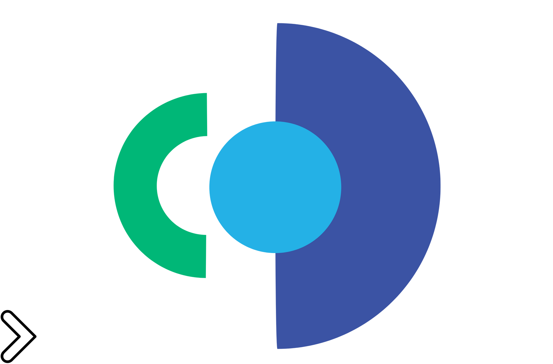 Green, white, and blue graphic: a segmented circle shape with a central blue circle and a green 