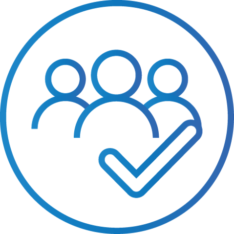 Three people with a checkmark inside a blue circle.