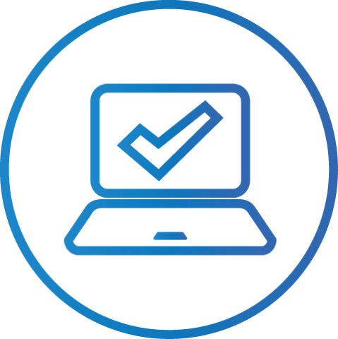 Blue laptop with checkmark in a blue circle, indicating completion or approval.