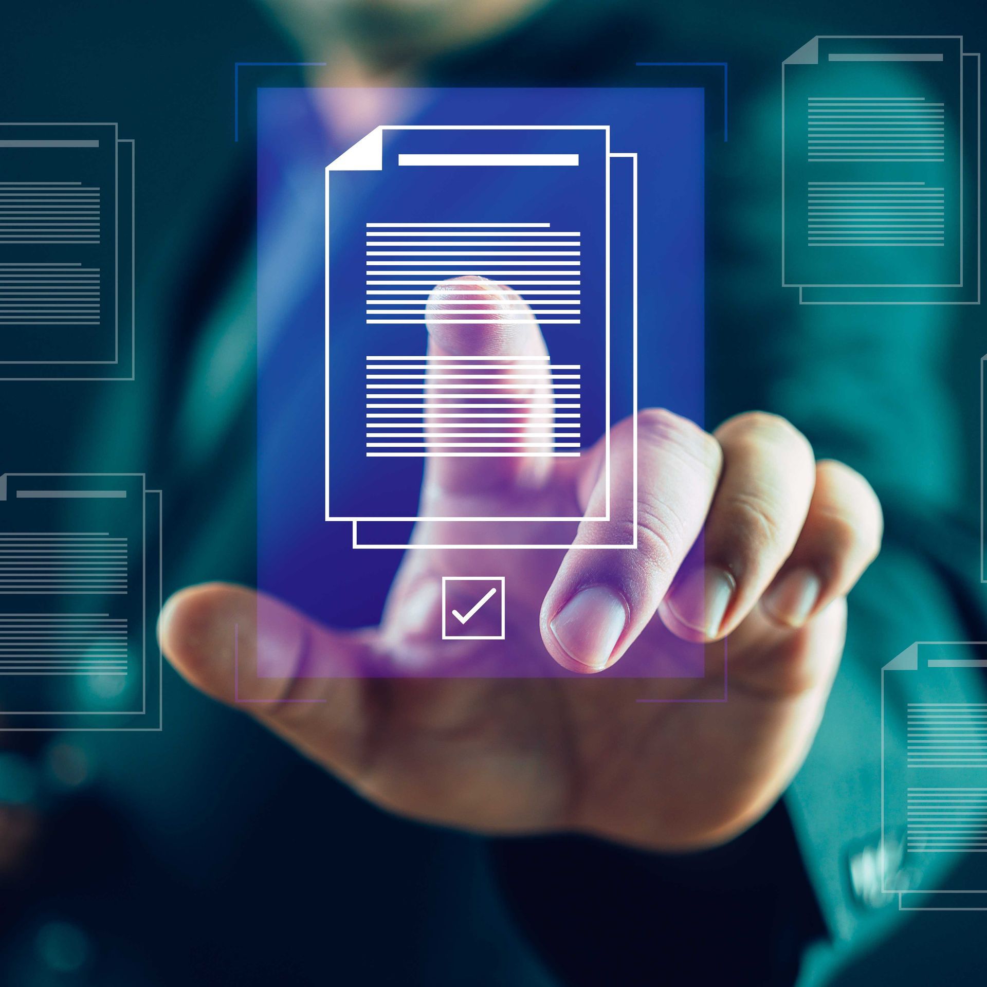 Hand selecting a document on a digital interface, with a checkmark indicating approval.