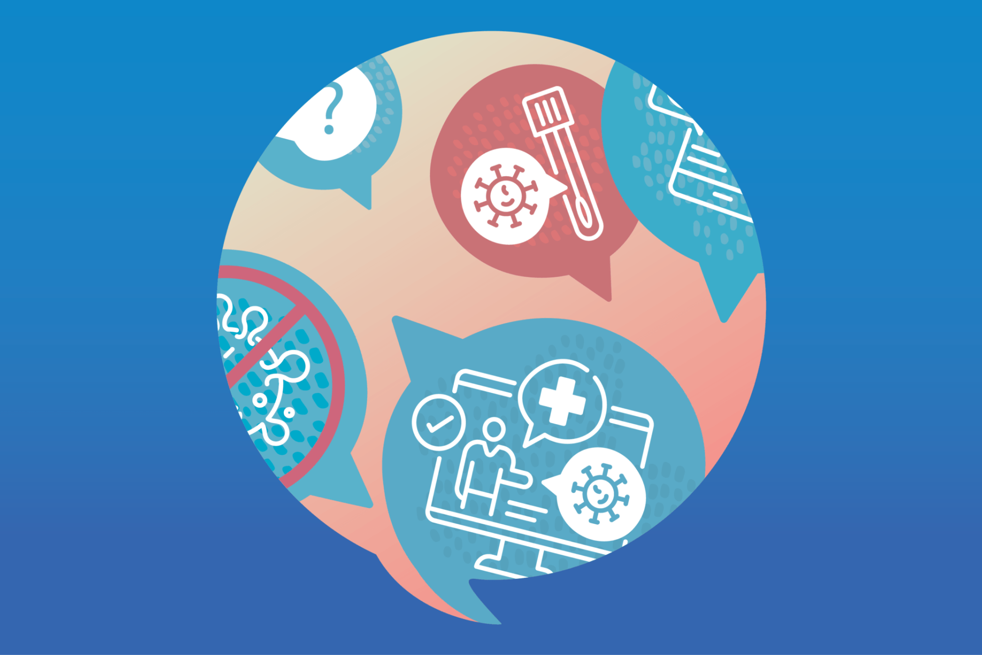 Speech bubbles with icons: virus, thermometer, phone, question mark, health.
