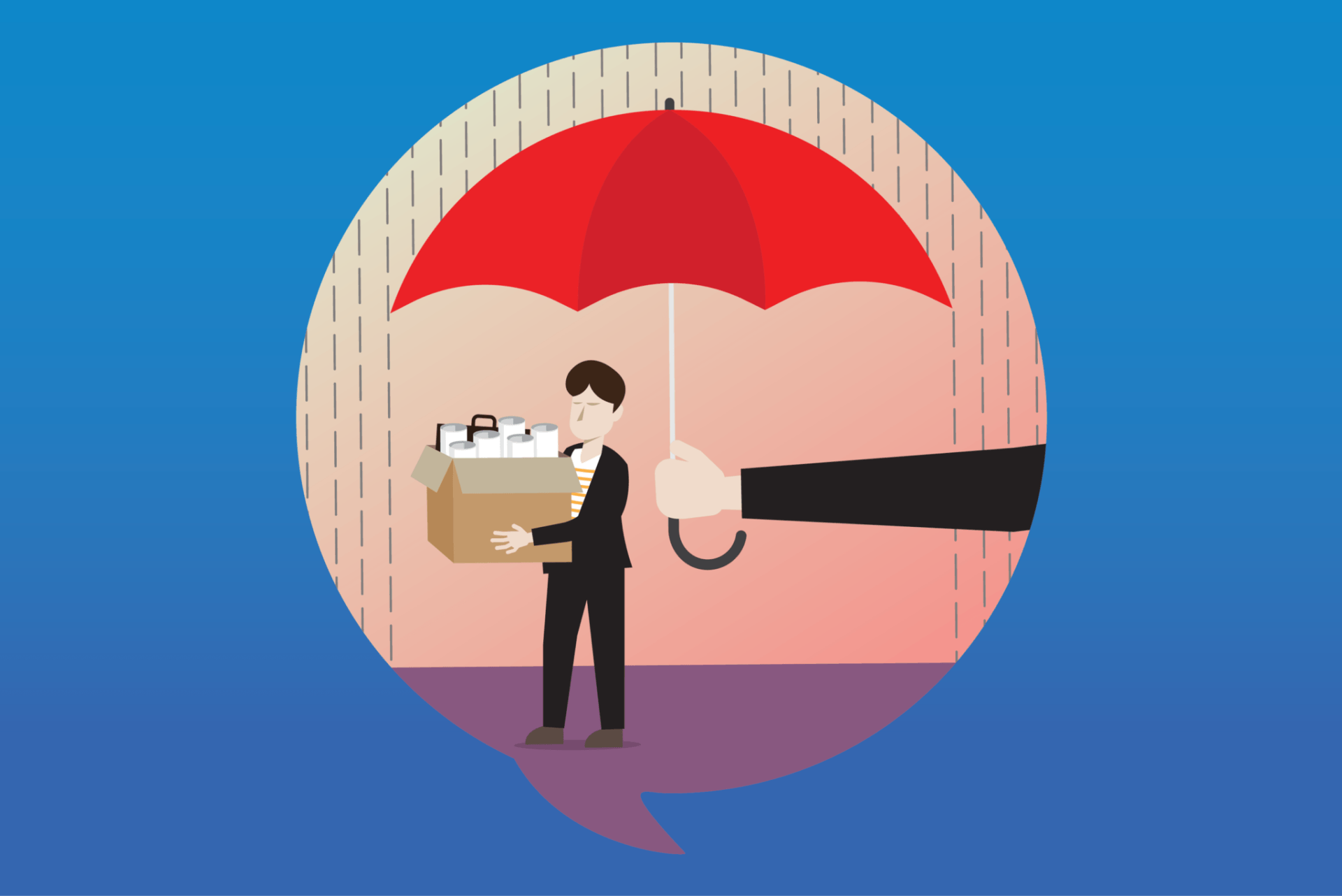 A person carrying a box protected by an umbrella held by a disembodied arm, in a speech bubble.