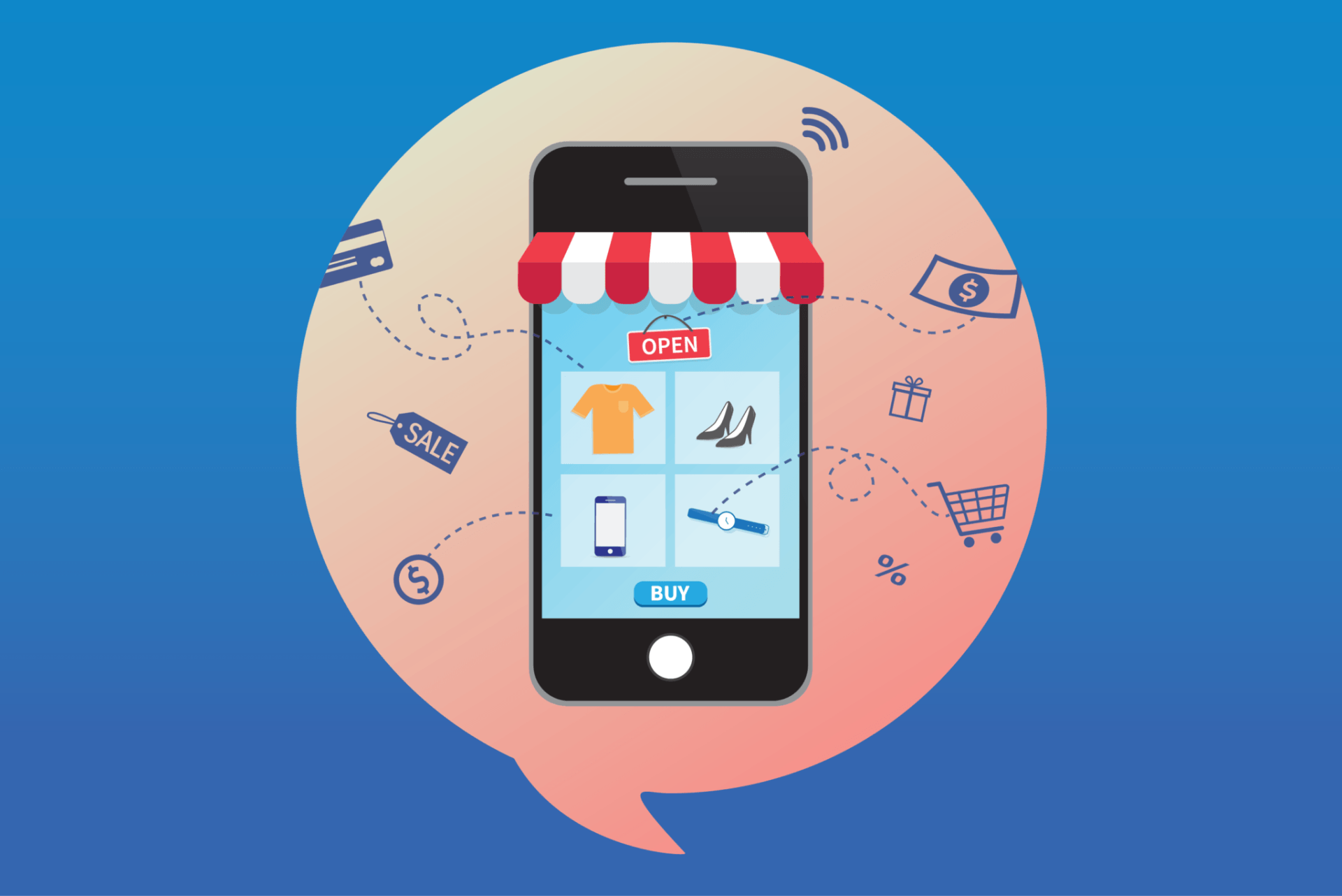 Smartphone with an online store interface inside a speech bubble, surrounded by shopping icons.