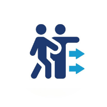 A person being guided towards two outward-pointing blue arrows.