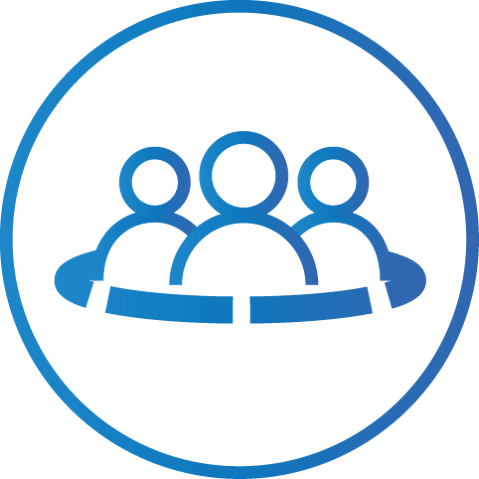 Three figures within a blue circle, representing a group.