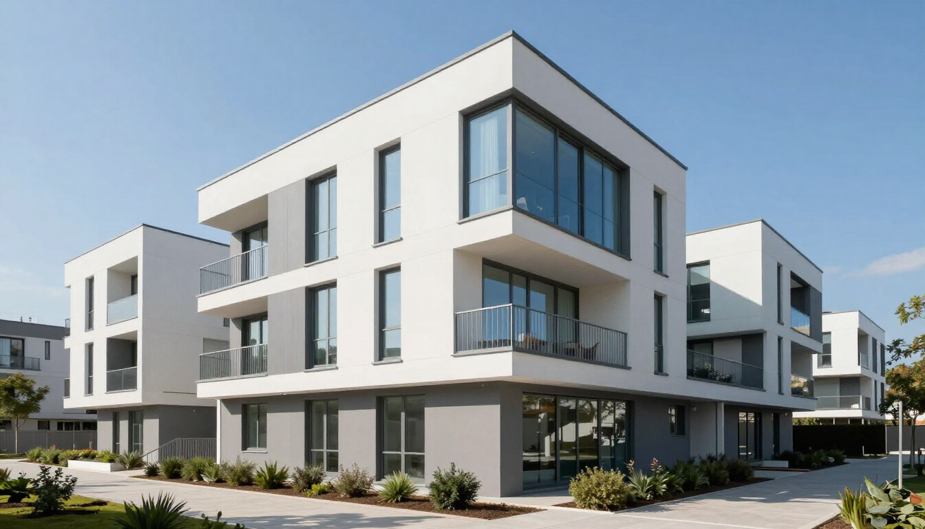Moderno complesso residenziale bianco con balconi e ampie finestre sotto un cielo azzurro limpido.