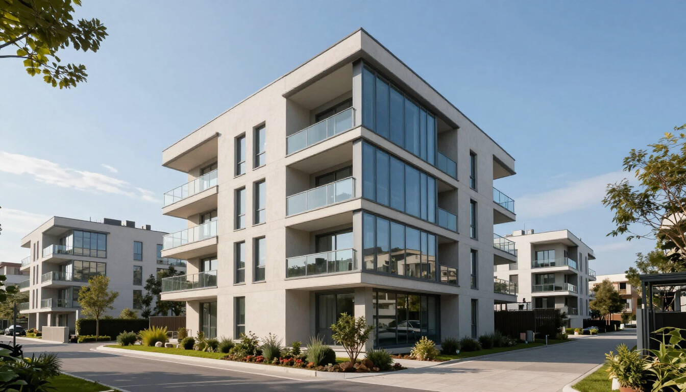 Moderni palazzi residenziali con balconi e ampie finestre, situati all'angolo di una strada soleggiata.