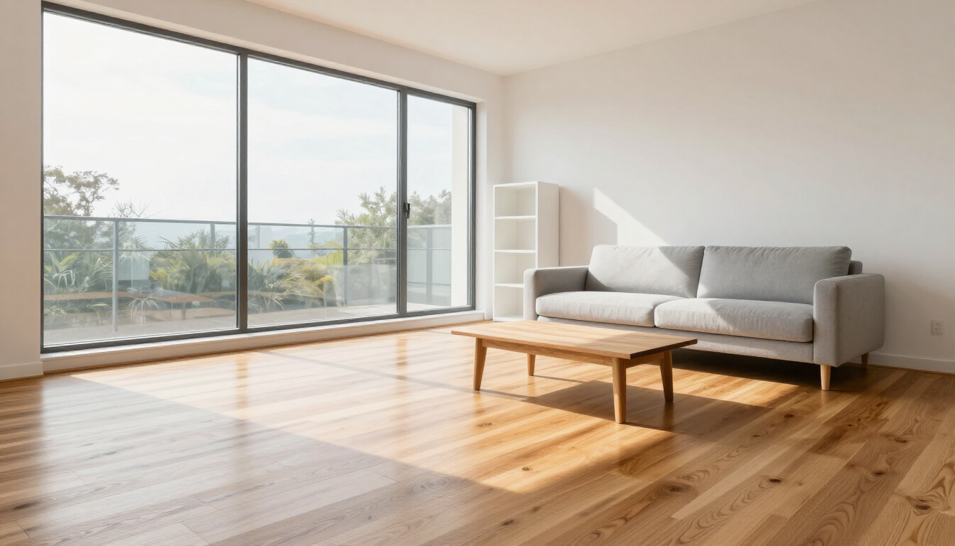 Luminoso soggiorno minimalista con ampie finestre, un divano grigio e luce naturale che illumina i pavimenti in legno.