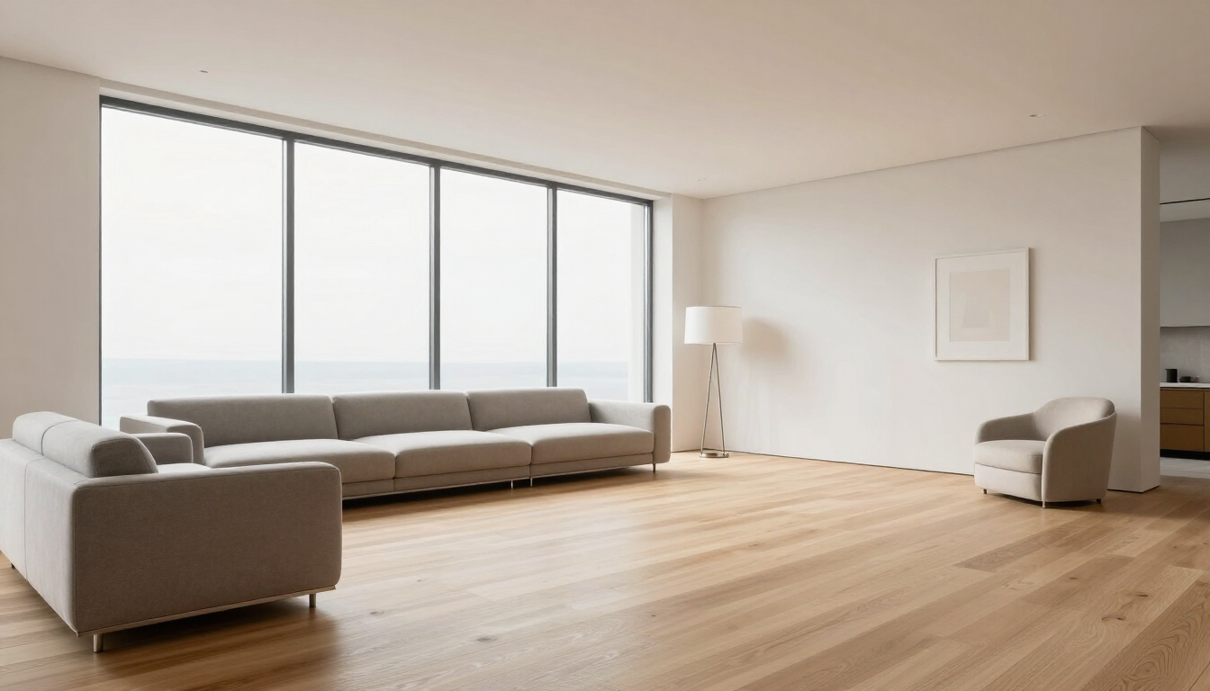 Luminoso soggiorno minimalista con divani grigi, ampie finestre e pavimenti in legno chiaro.