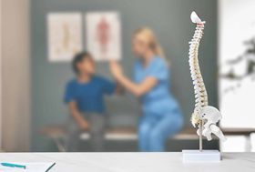 Spine model on a desk with a blurred clinician and patient in an exam room