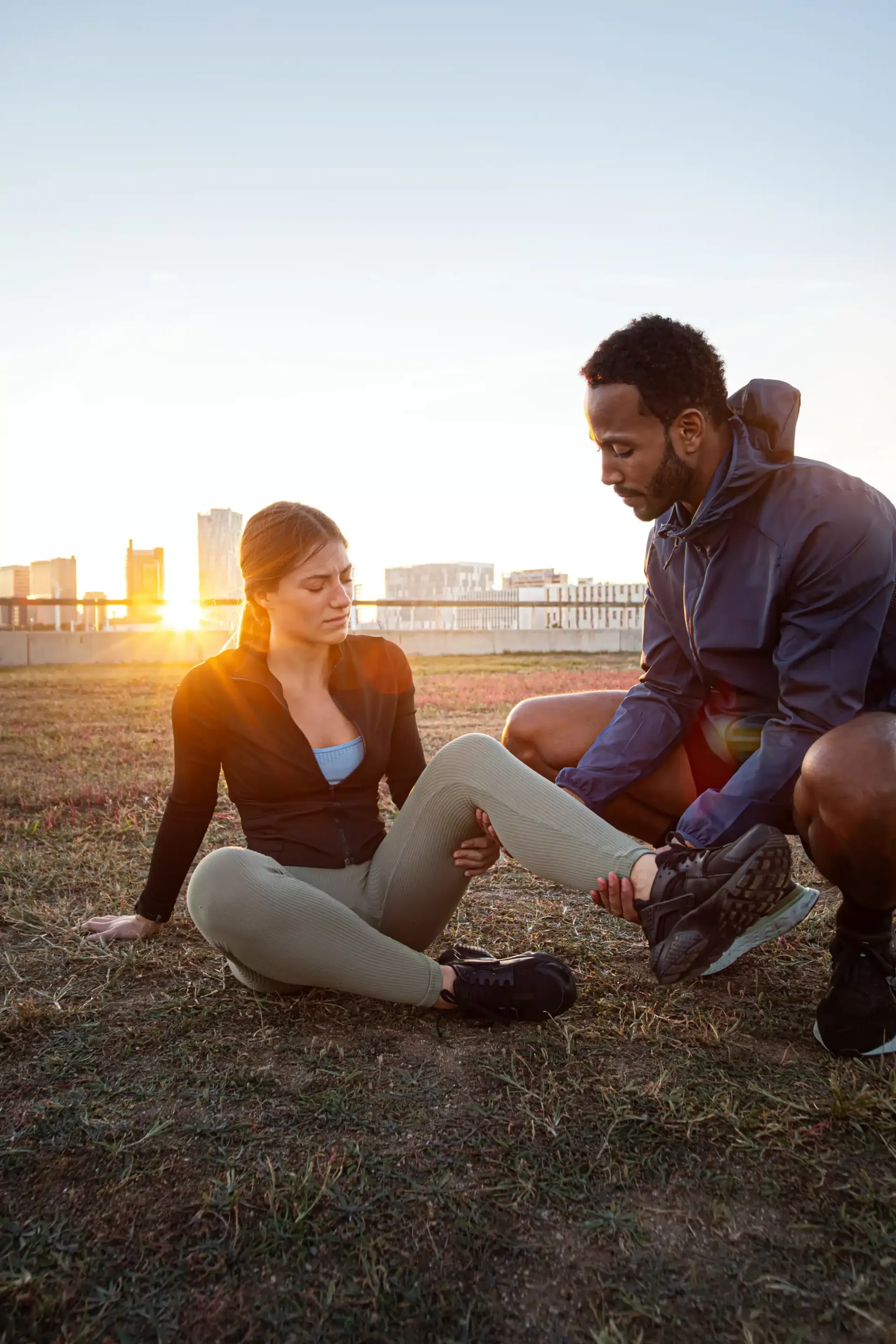 Two people sit on grass at sunset, one helping the other with a leg injury near the waterfront.