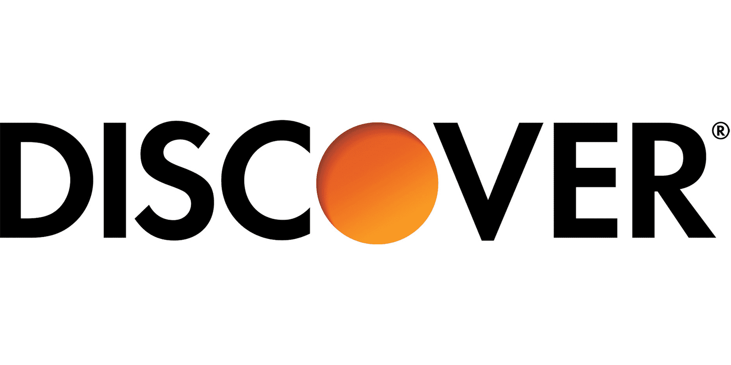 The logo for discover is black and orange with an orange circle in the middle.