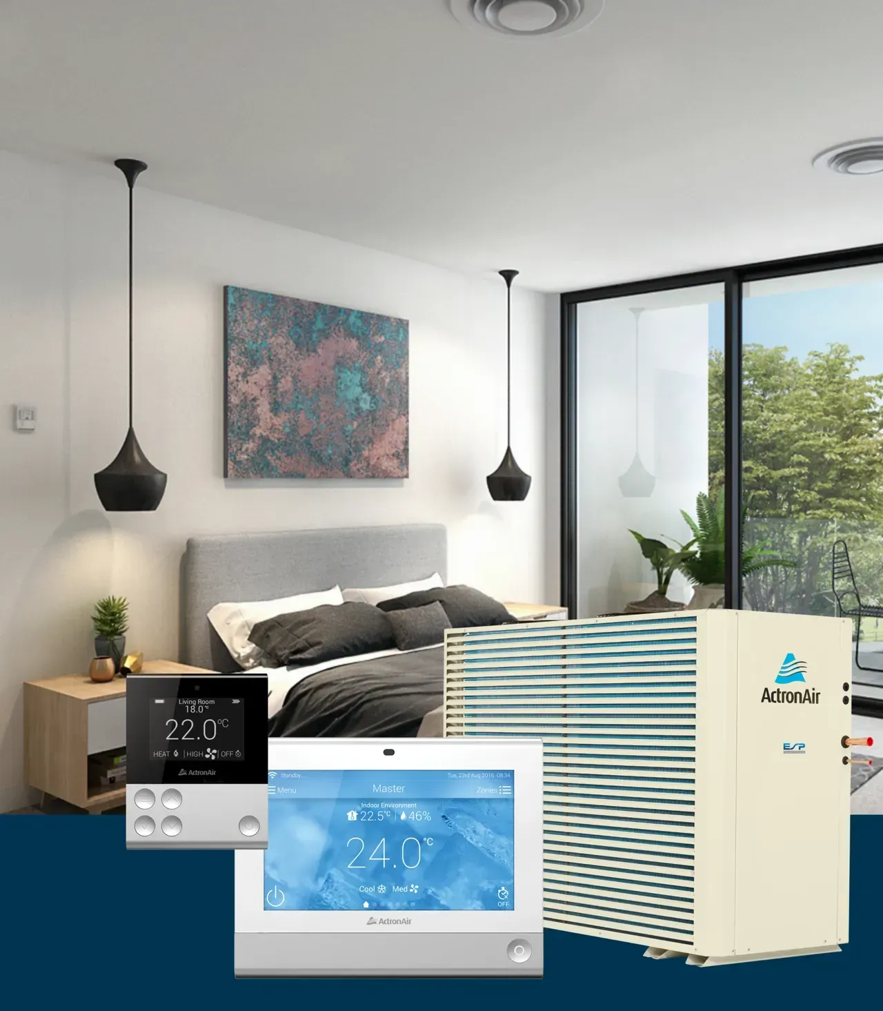 Modern bedroom with wall-mounted AC unit and remote controls displayed in the foreground