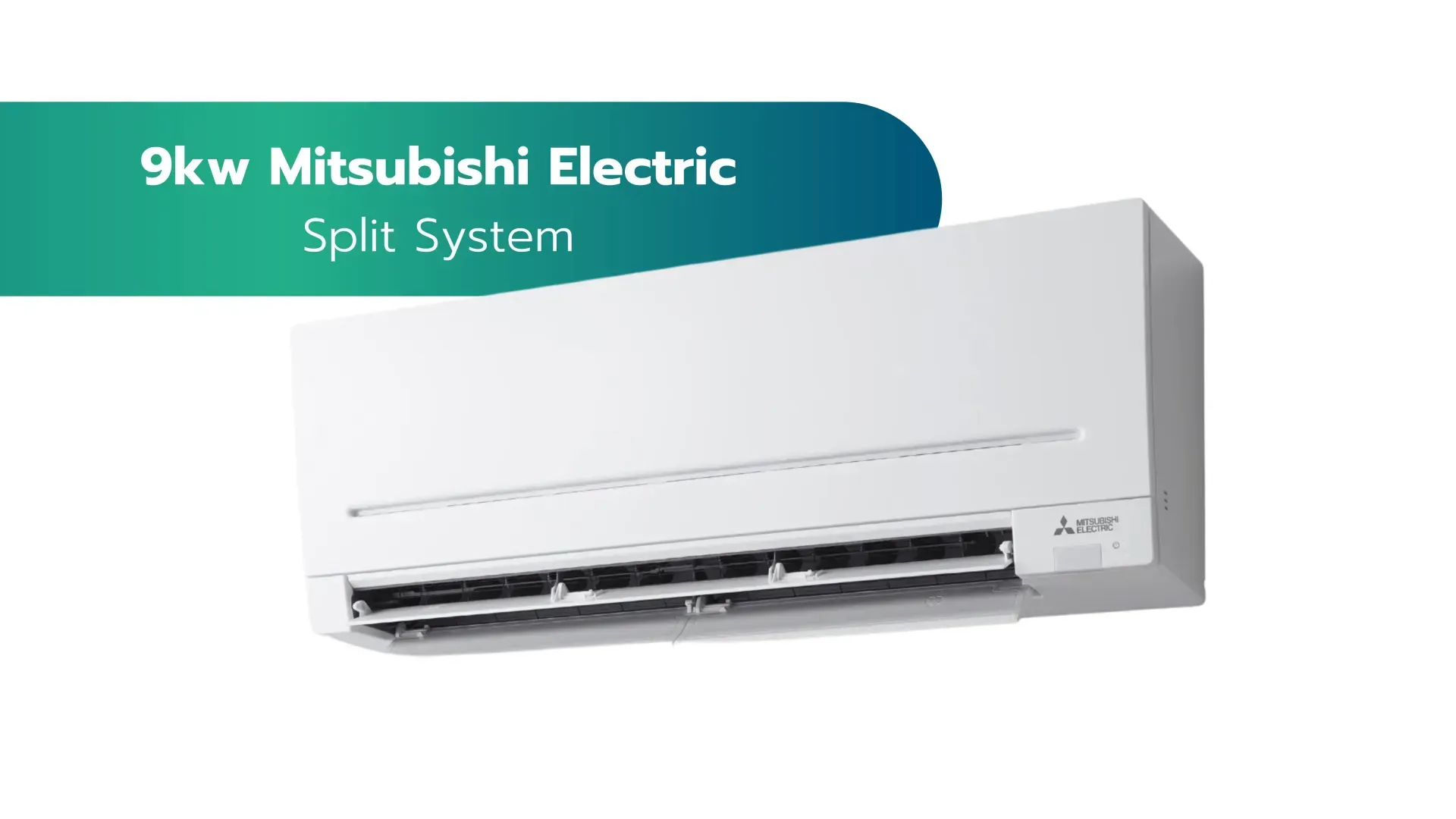 White Mitsubishi Electric split-system air conditioner on a white background with “9kw” text.