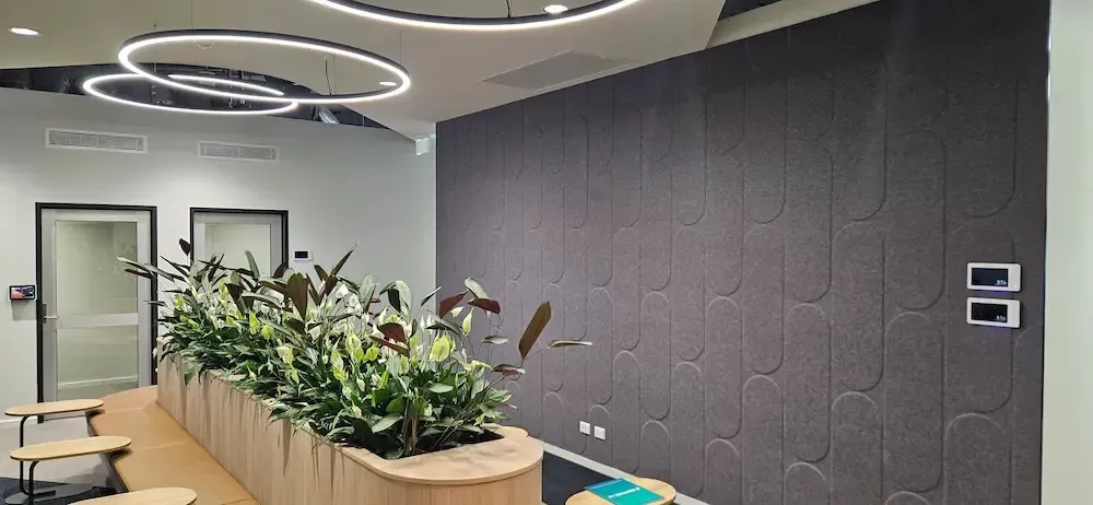 Modern office reception area with circular ceiling lights, wood planter, and dark accent wall