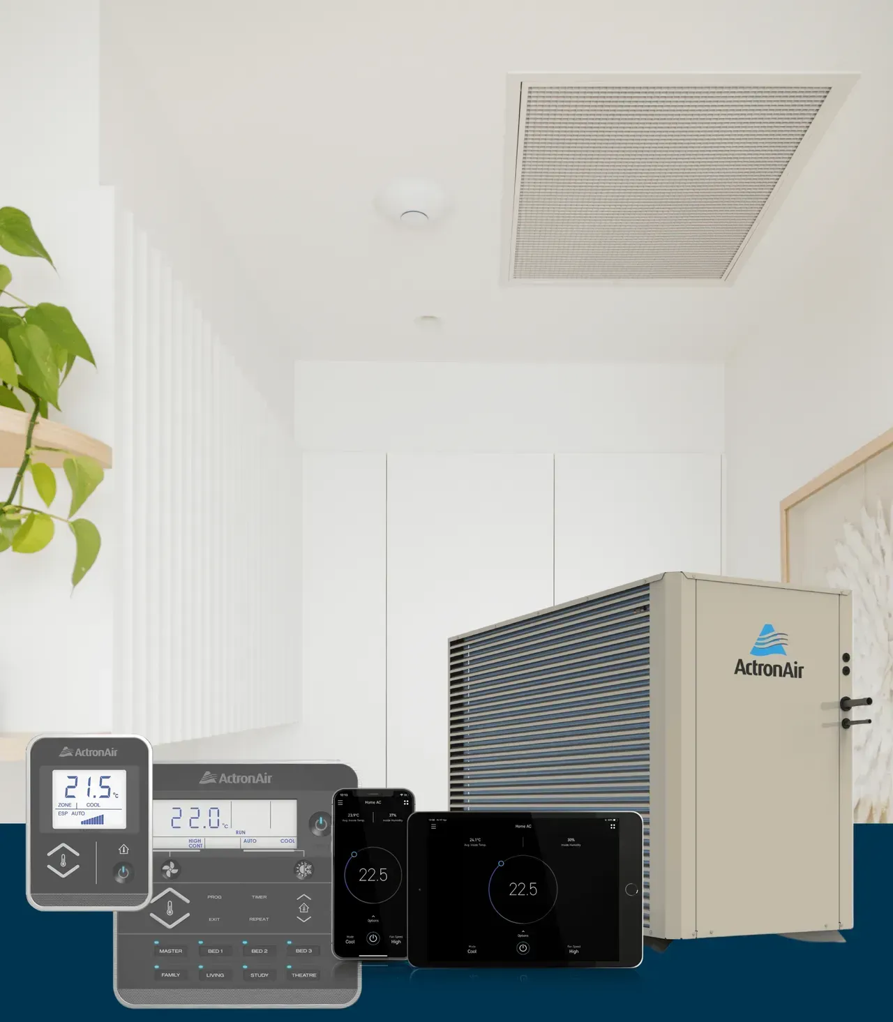 Four HVAC control devices displayed in a bright white room, including a wall-mounted beige unit.