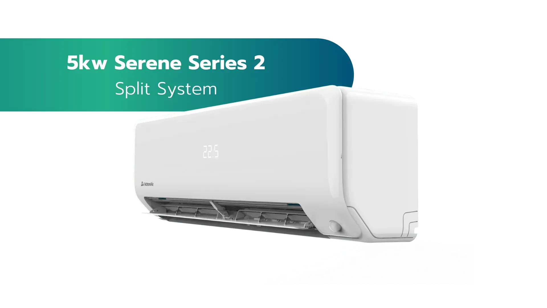 White wall-mounted split-system air conditioner on a white background with green “5kw Serene Series 2” banner