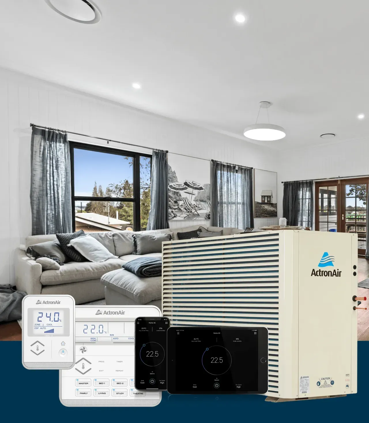 Living room with couch and curtains, overlaid with HVAC controls and a high-efficiency boiler unit