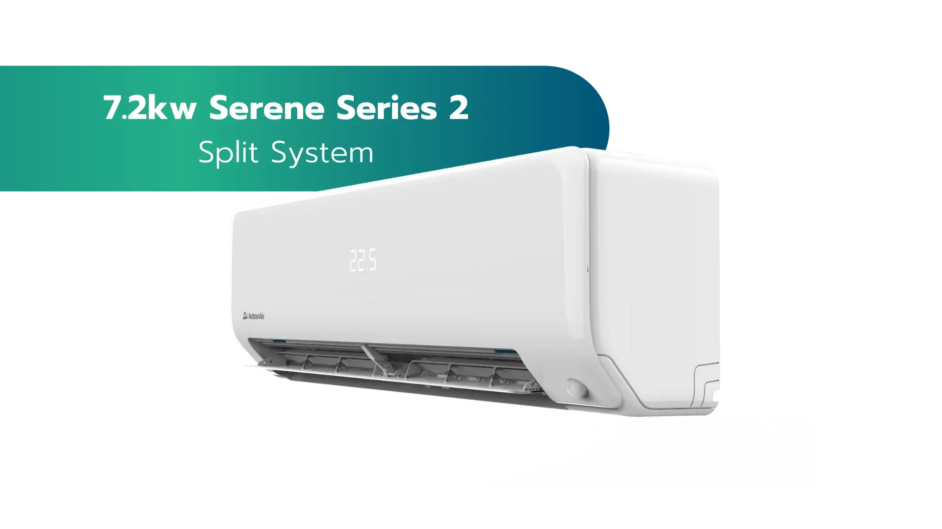 White wall-mounted split air conditioner on teal background, labeled “7.2kw Serene Series 2”
