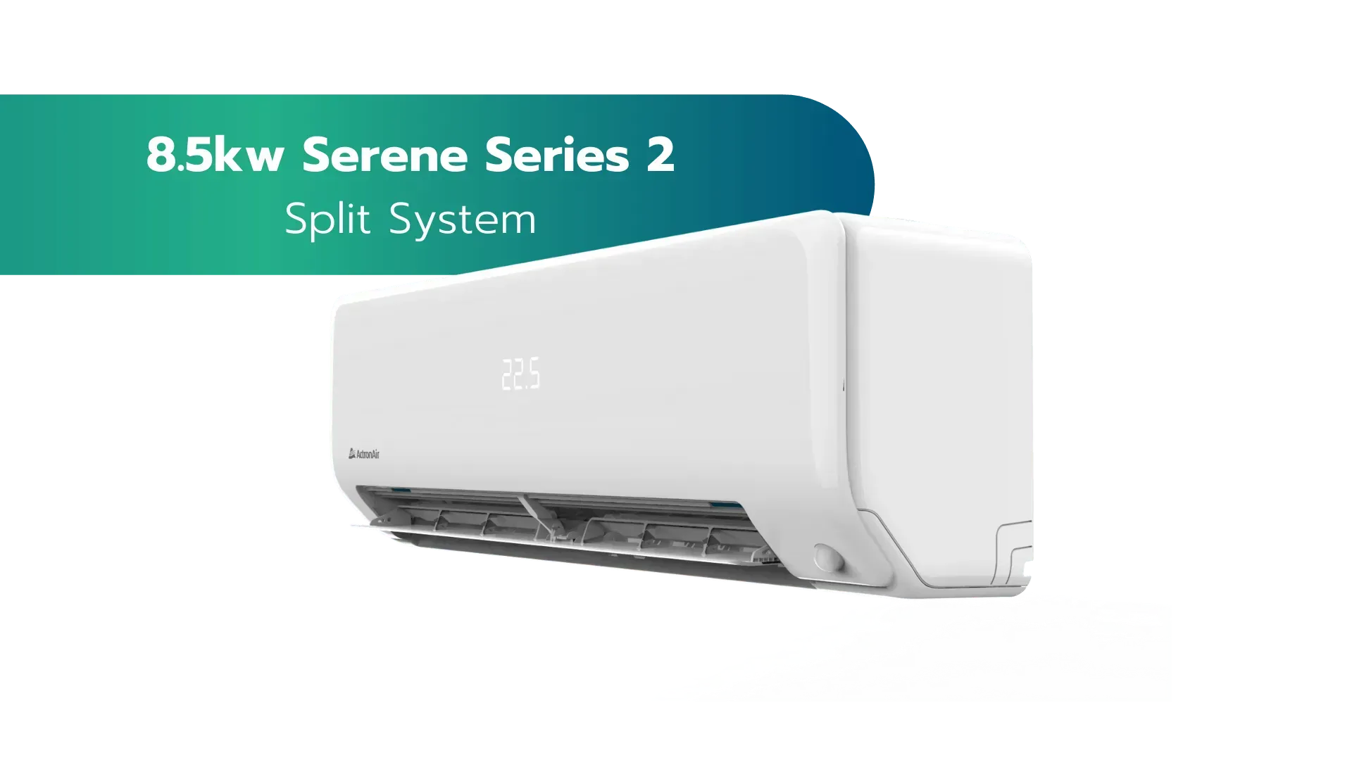 White 8.5kW Serene Series 2 split-system air conditioner on a teal banner background