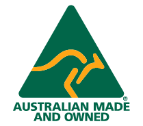 Australian Owned logo with green triangle and gold kangaroo silhouette