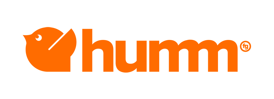 Orange humm logo with stylized bird icon and lowercase wordmark