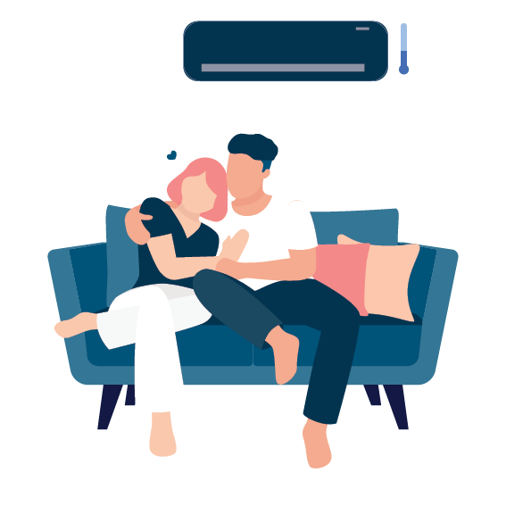 Couple cuddling on a blue sofa under a wall-mounted air conditioner in a simple living room.