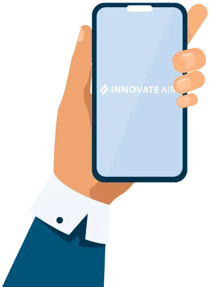 Hand holding a smartphone with a blank blue screen and partial “Innovate AI” text