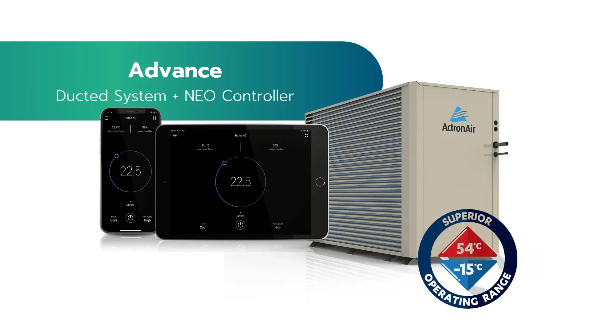 Commercial HVAC controller and unit on white background with teal “Advance” banner and blue temperature badge