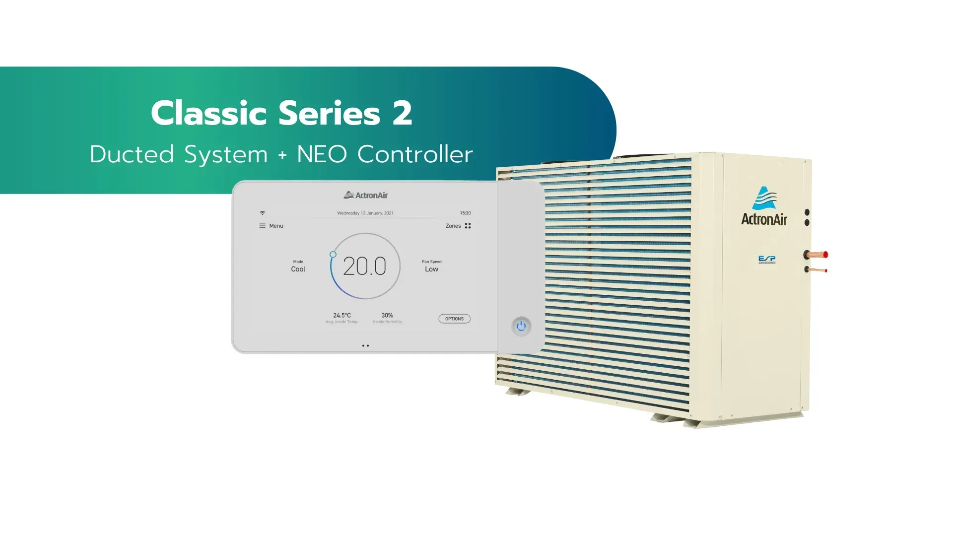 Classic Series 2 ducted system with white wall controller and beige indoor unit on a white background