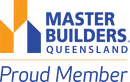 Master Builders Queensland logo with “Proud Member” text and blue, orange, and white design