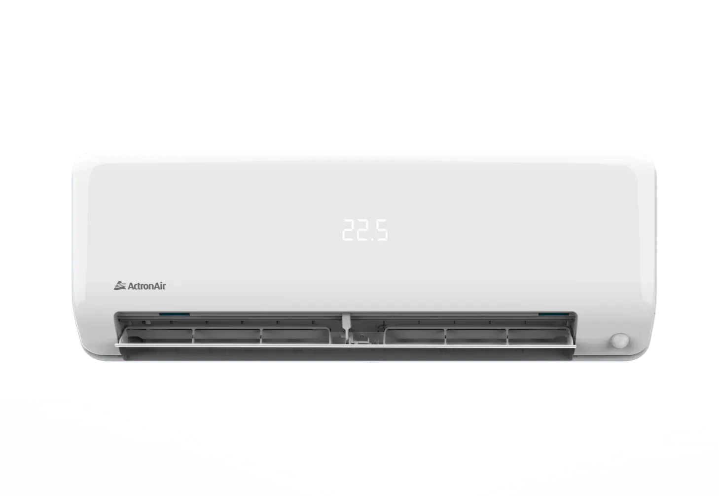 White wall-mounted air conditioner with digital display and vent blades