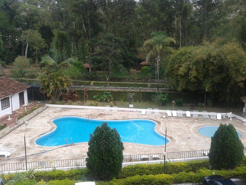 Uma vista aérea de uma grande piscina cercada por árvores