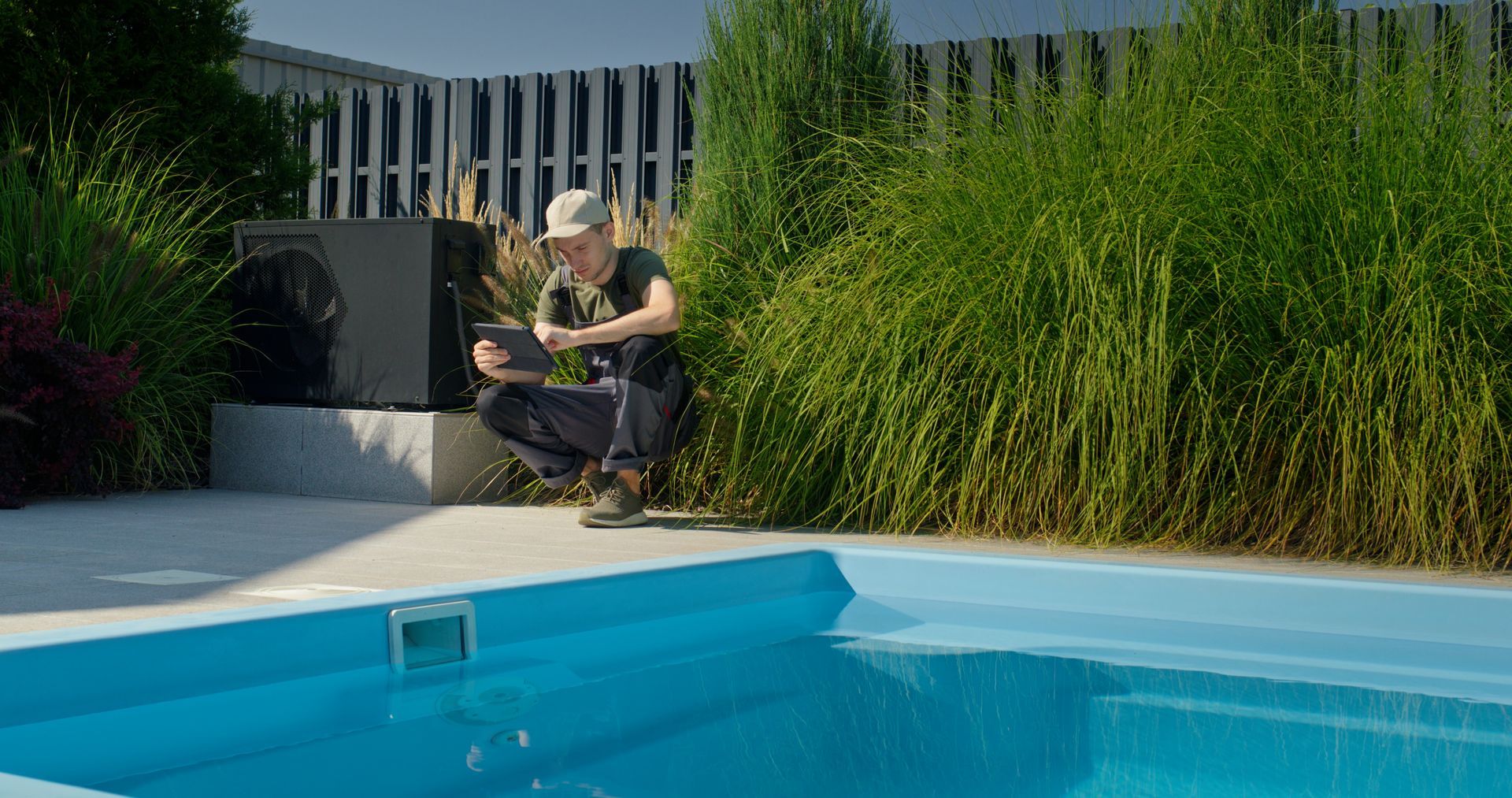 Pool maintenance technician inspecting a swimming pool and checking equipment with a tablet