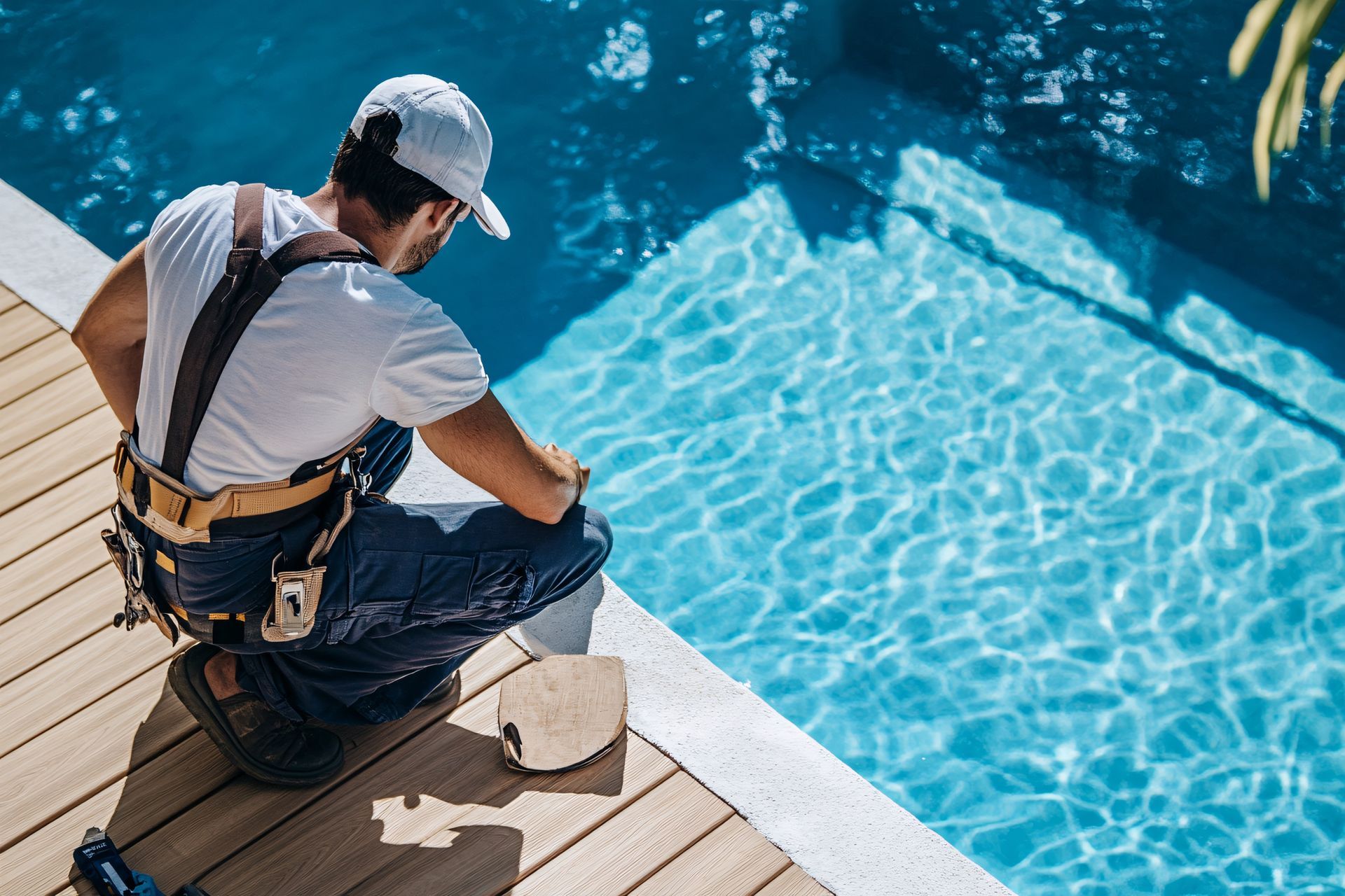 Worker kneeling by a bright blue pool, inspecting the water from a wooden deck