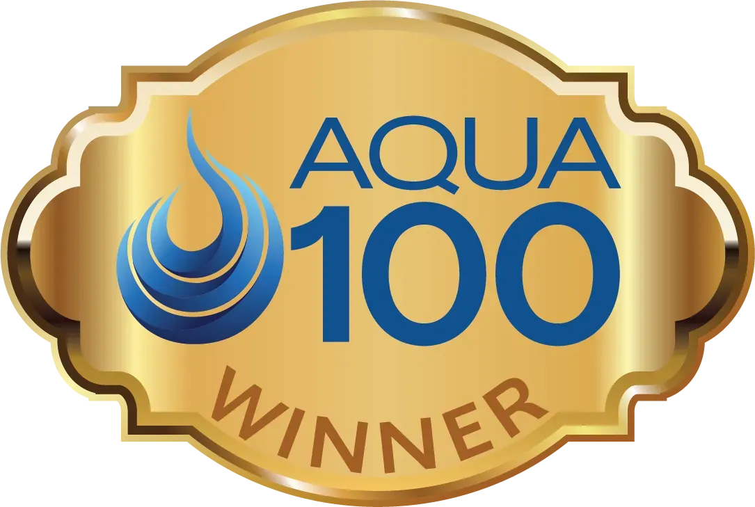 Gold Aqua 100 Winner badge with blue water drop logo and text.