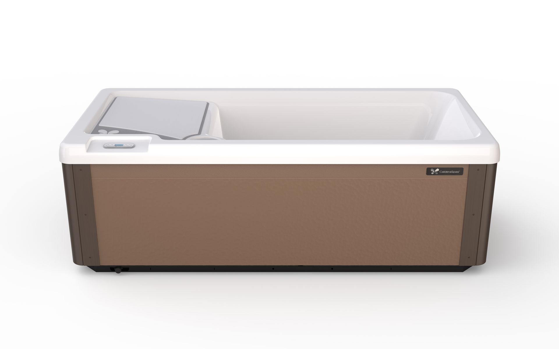 A brown chest freezer with a white lid on a plain background