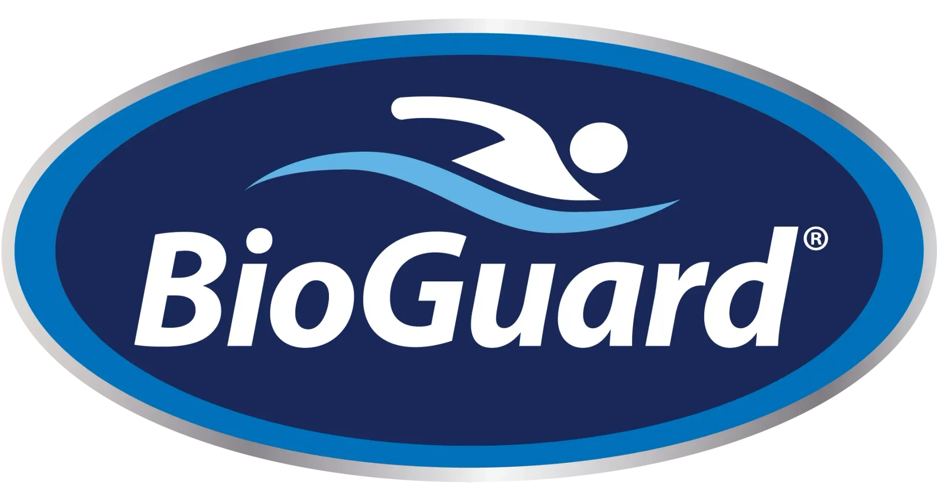 BioGuard logo in white text on a blue oval with a swimmer icon