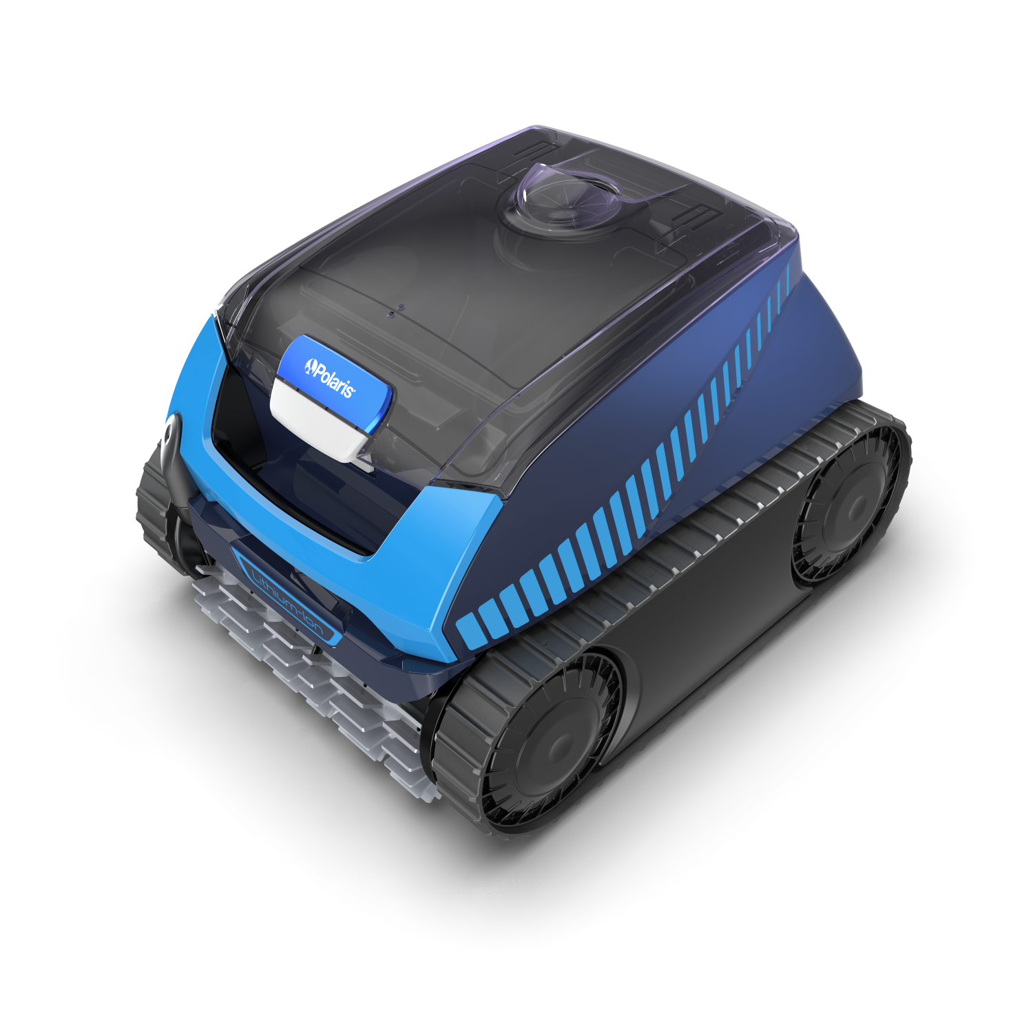 Compact black and blue robotic vacuum cleaner with side brushes