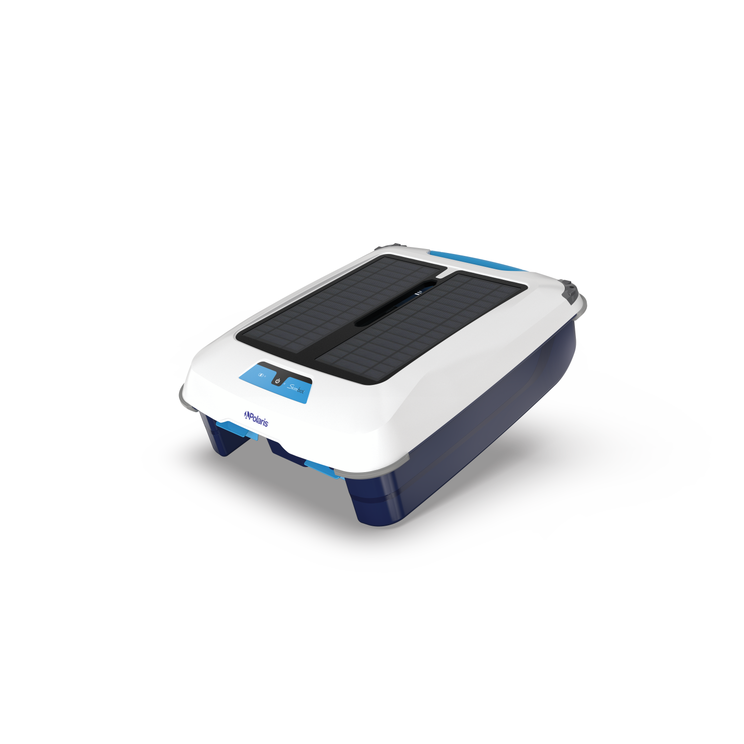 White and blue solar-powered device with a black top panel, shown on a white background