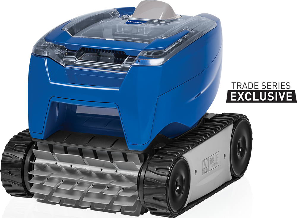 Blue and gray robotic pool cleaner with treaded wheels, labeled Trade Series Exclusive