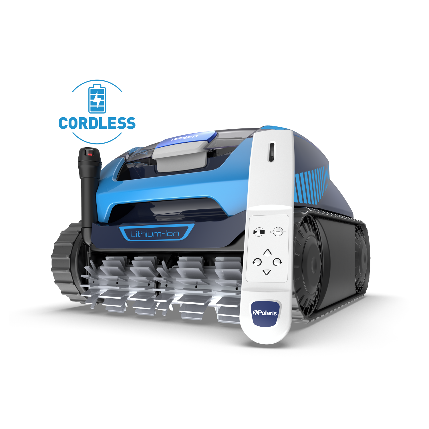 Blue cordless pool cleaning robot with remote control