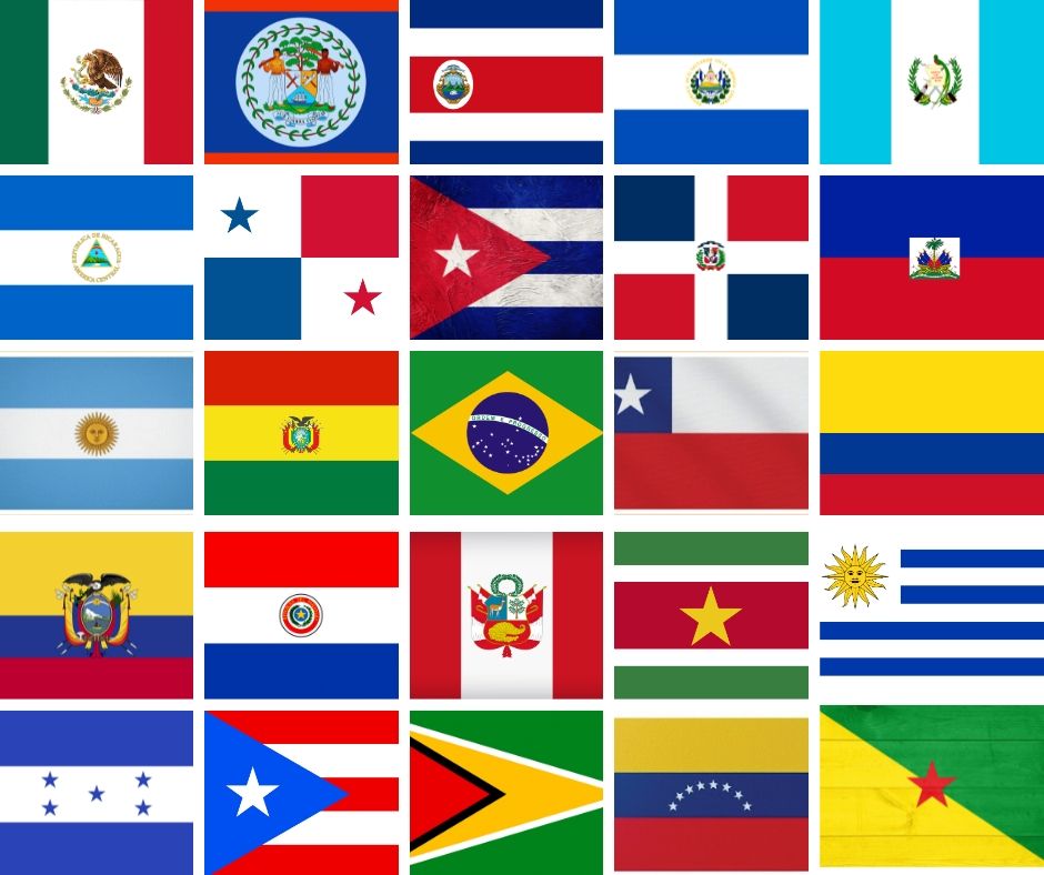 Flags of various countries, mainly from the Americas.