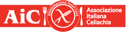 Logo rosso e bianco di AIC, Associazione Italiana Celiachia, con simbolo della forchetta nel cerchio