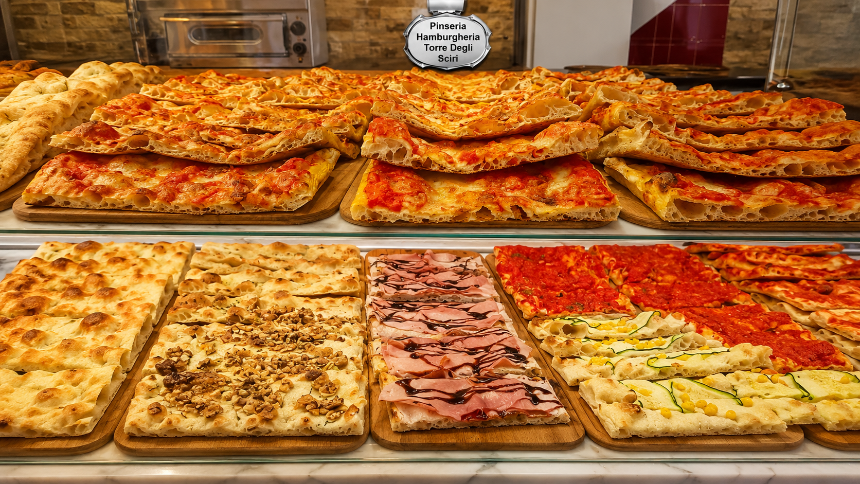 Varietà di fette di pizza rettangolari in una vetrina, tra cui pizza margherita, pizza al salame piccante e pizza bianca.