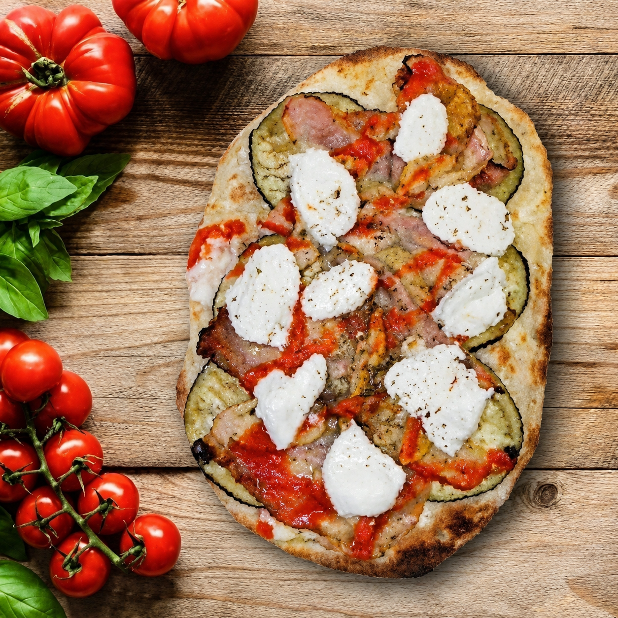 Pizza rustica alle verdure con pomodori, zucchine e mozzarella, servita su un tavolo di legno circondato da pomodori freschi e basilico.
