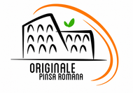 Logo per Originale Pinsa Romana con contorno di edificio nero, foglia verde e arco arancione.