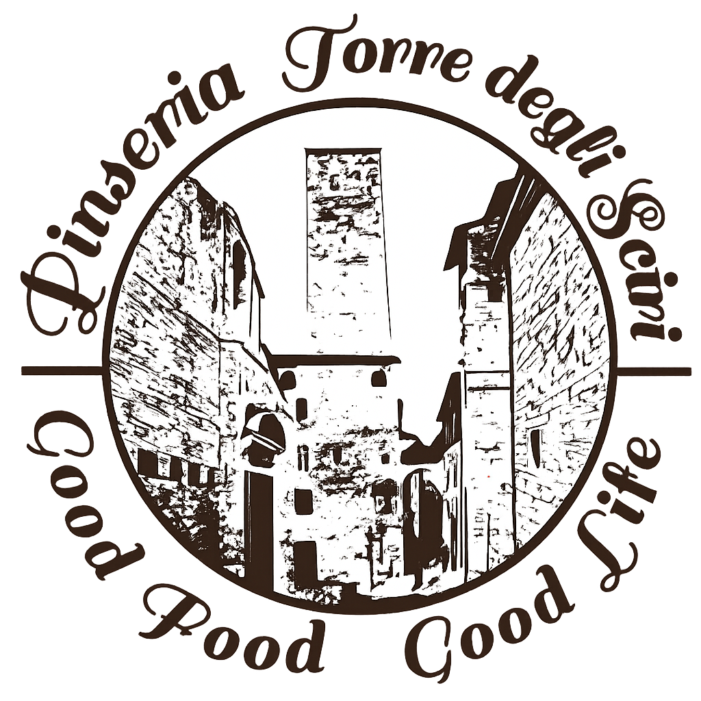 Circular sepia logo of medieval towers and street with “Pinneria Torre degli Sciri” and “Good Food Good Life” text