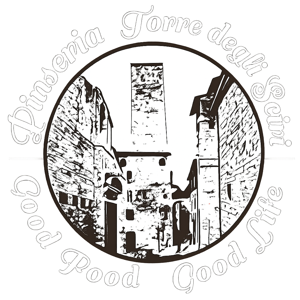 Circular black-and-white logo of a narrow alley with stone buildings and a central tower, ringed by faint text.