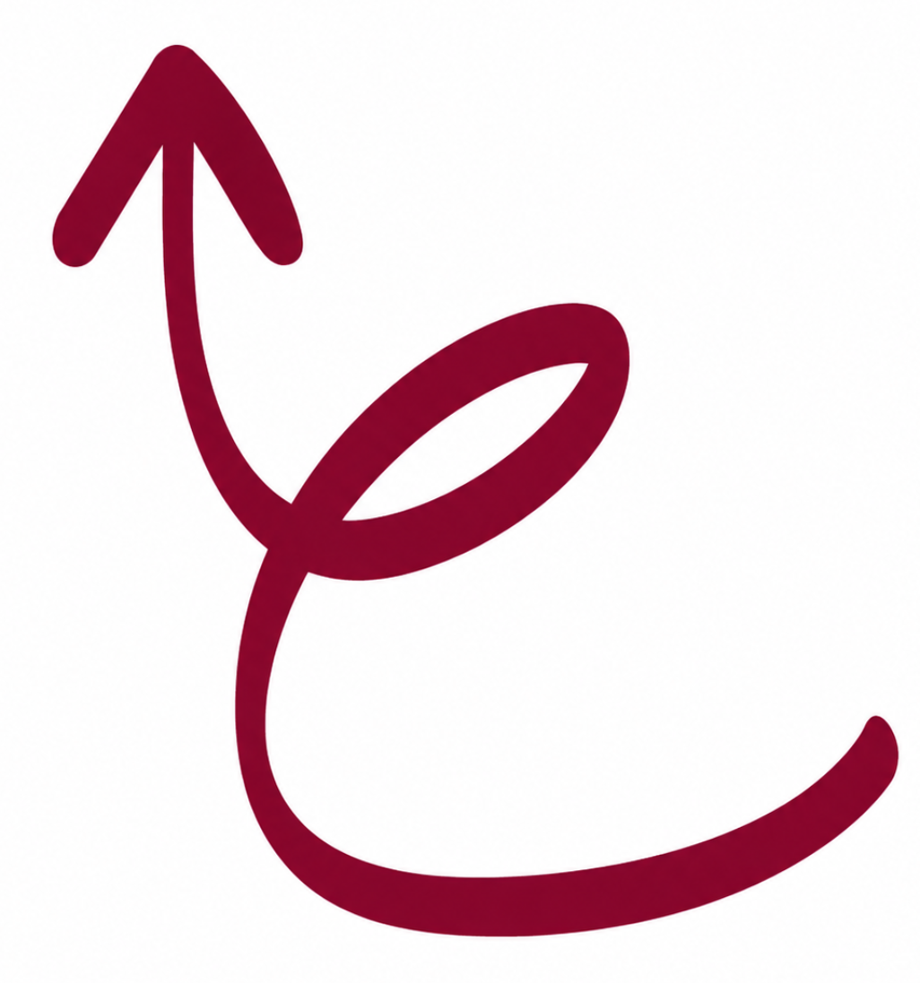 Calligrafia araba stilizzata color bordeaux con una freccia rivolta verso l'alto e un anello curvo su sfondo bianco.